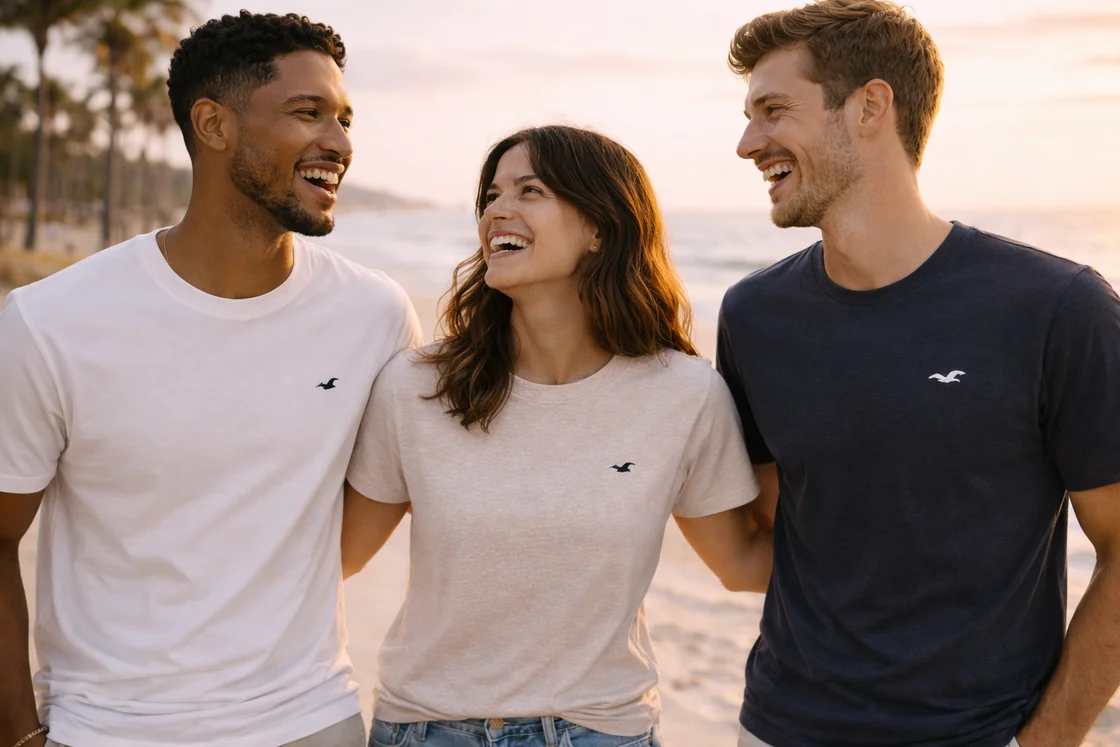 Реальная посадка футболки на паре моделей на пляже: видно плечи, длину и силуэт