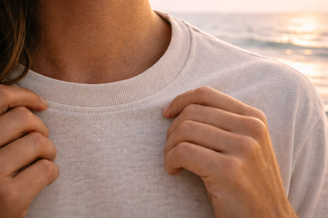 Крупный план ткани и швов футболки на фоне океана: ровная строчка и плотная горловина