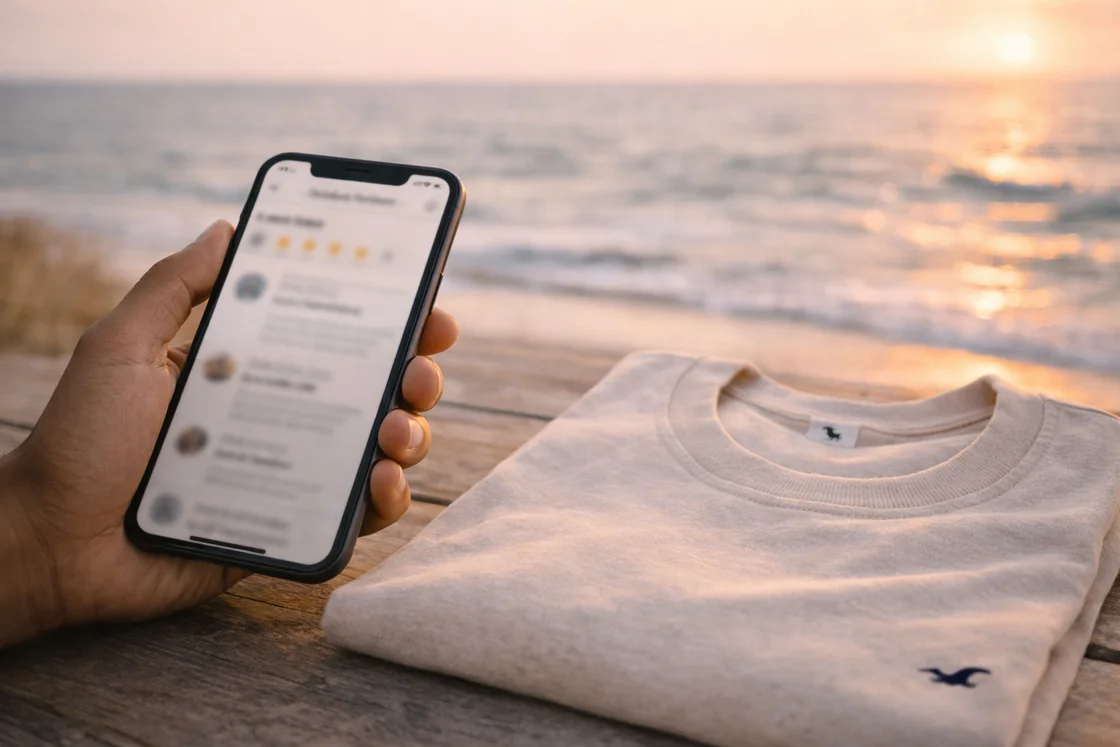 Смартфон с отзывами и фото покупателей на фоне пляжа: акцент на горловину и швы