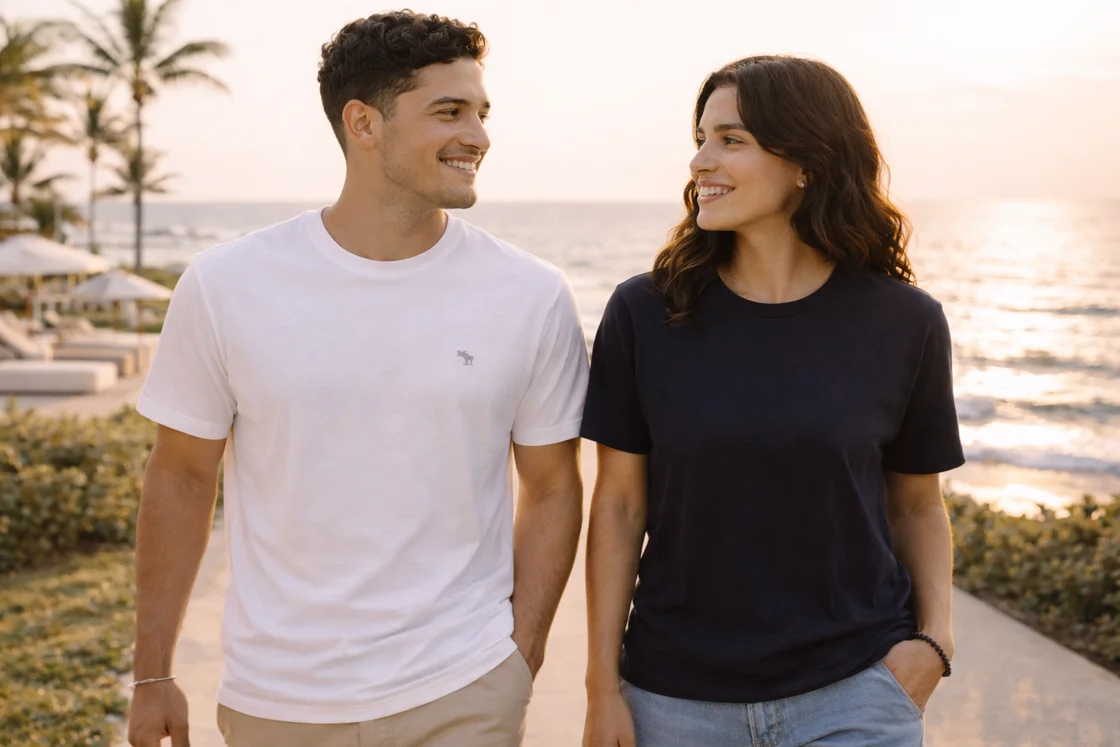 Качественная футболка крупным планом: горловина и швы без перекоса