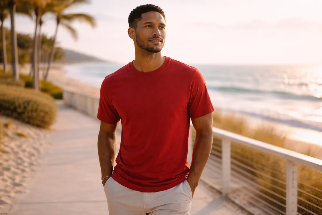 Купить качественную футболку мужскую: посадка по плечам, цвет красный у моря