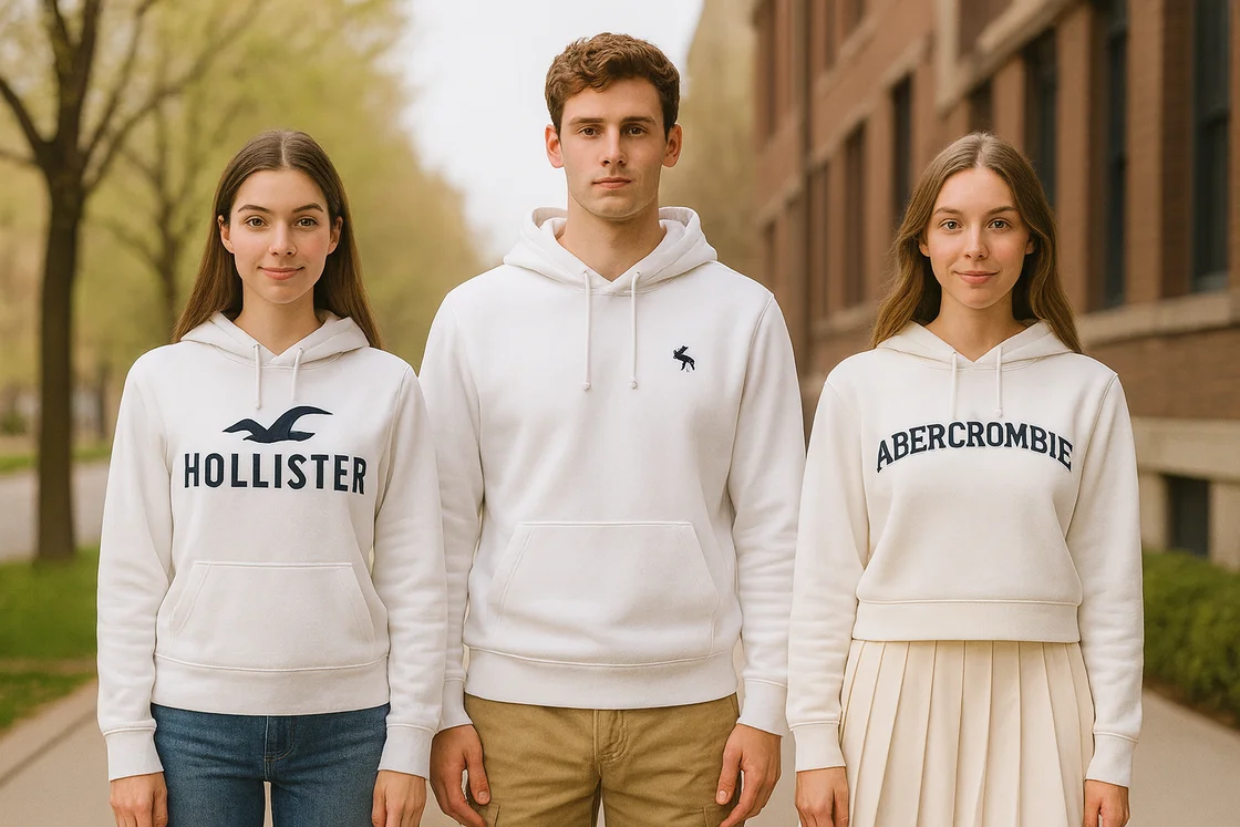 Модели Abercrombie и Hollister в белых толстовках