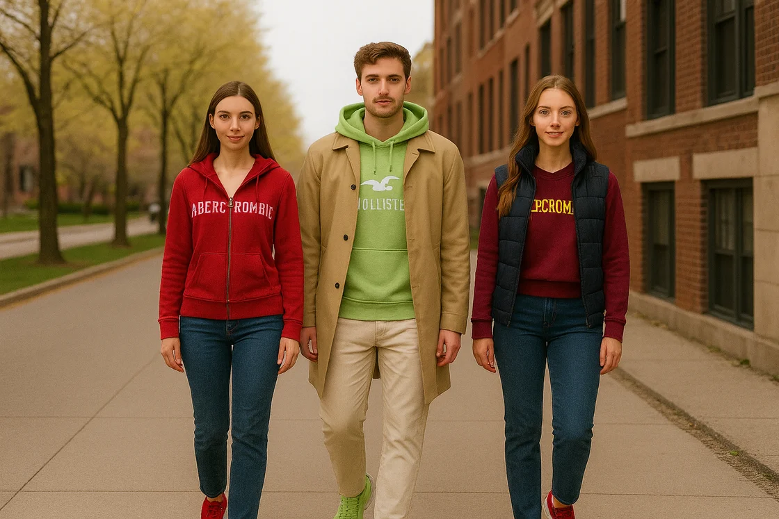 Модели Abercrombie и Hollister в ярких цветных толстовках