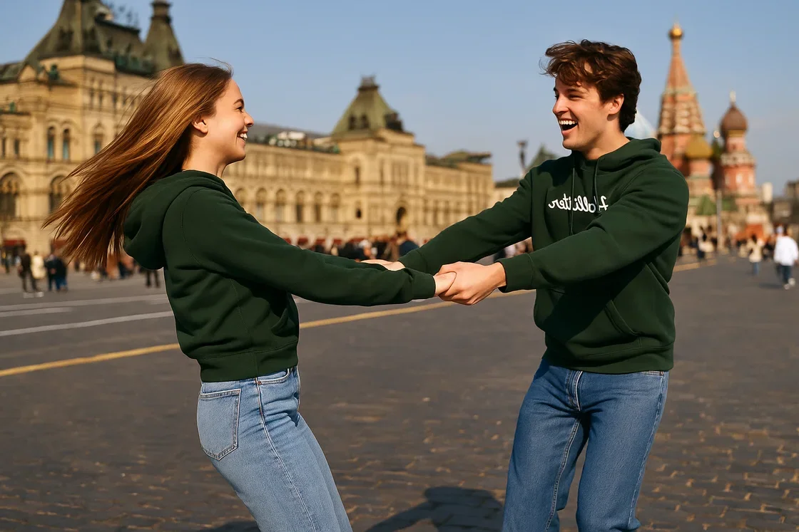 Пара в толстовках Hollister кружится на красной площади