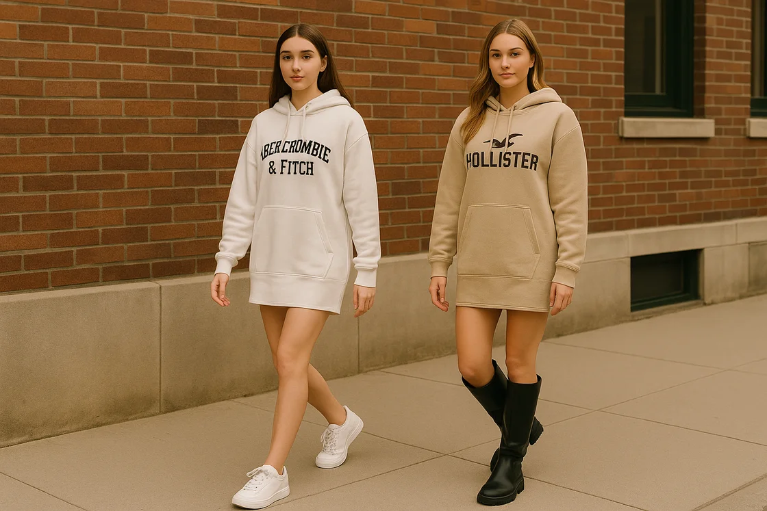Дву девушки модели в толстовках-платьях Abercrombie и Hollister
