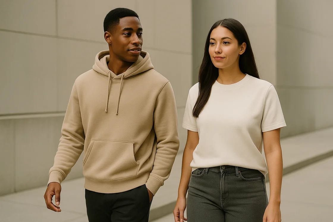 Парень в худи и девушка в свитшоте Молодая пара гуляет по городу