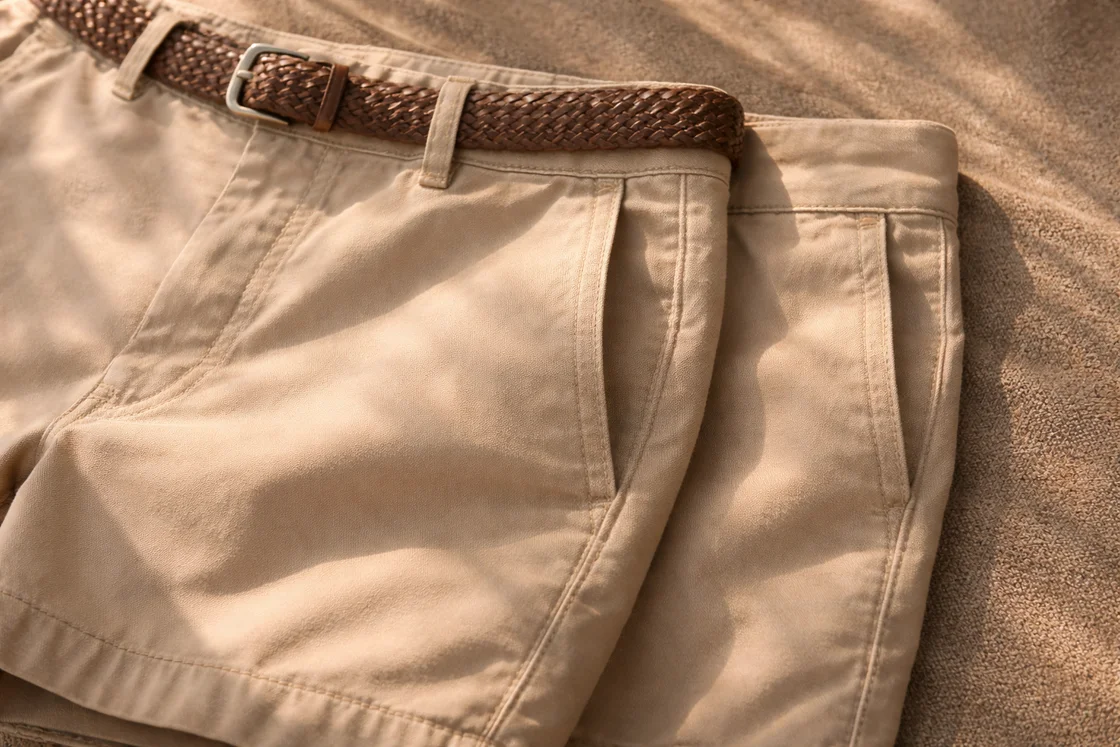 Ткань, пояс и швы качественных мужских шорт крупным планом