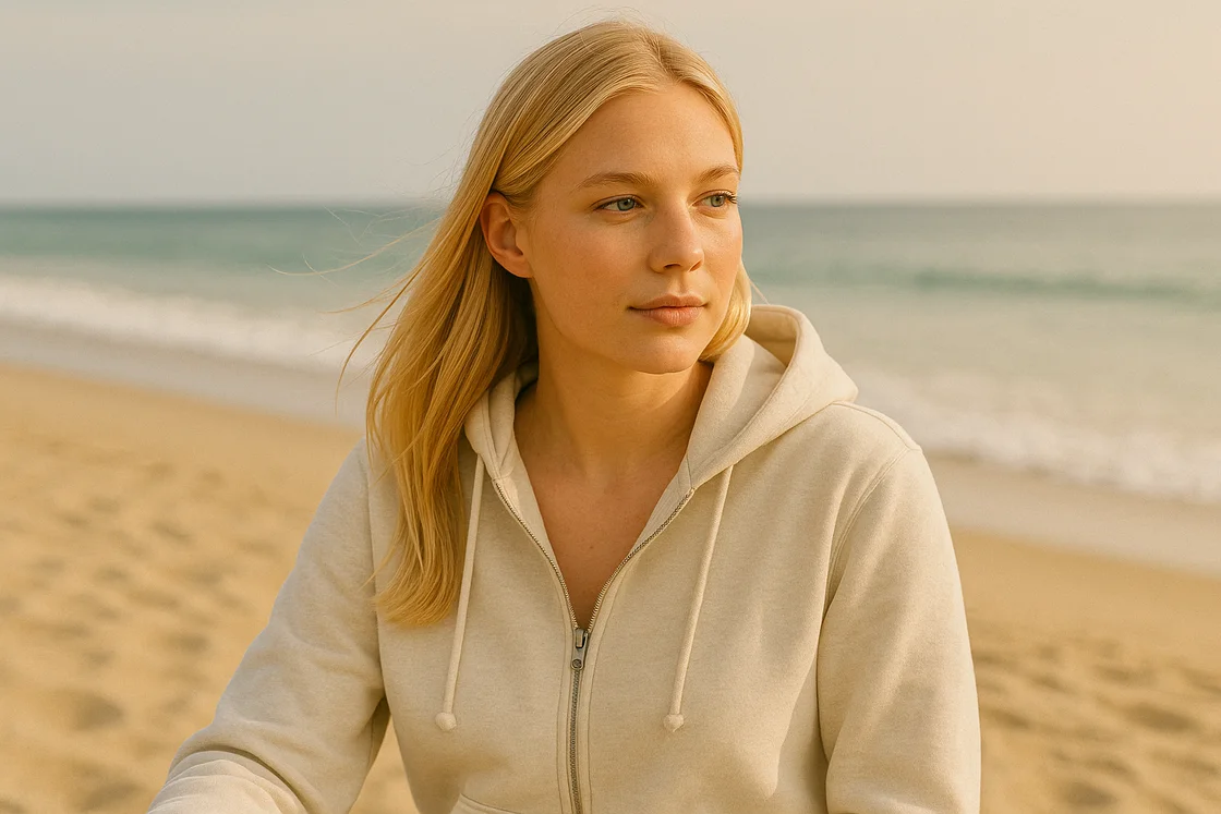 Девушка в толстовке на молнии около океана