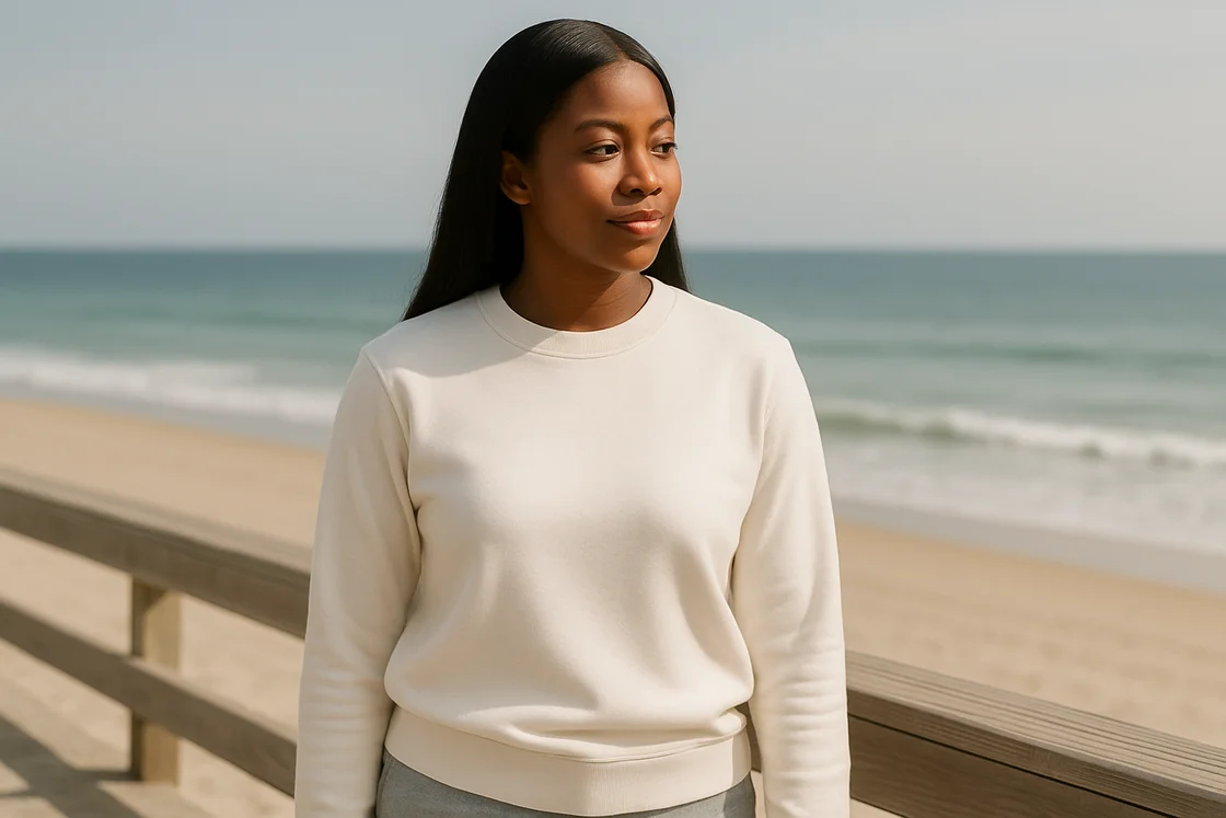 Девушка в свитшоте около океана