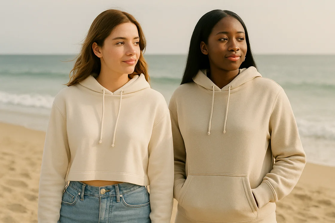 Модели в коротких и длинных толстовках идут вдоль океана