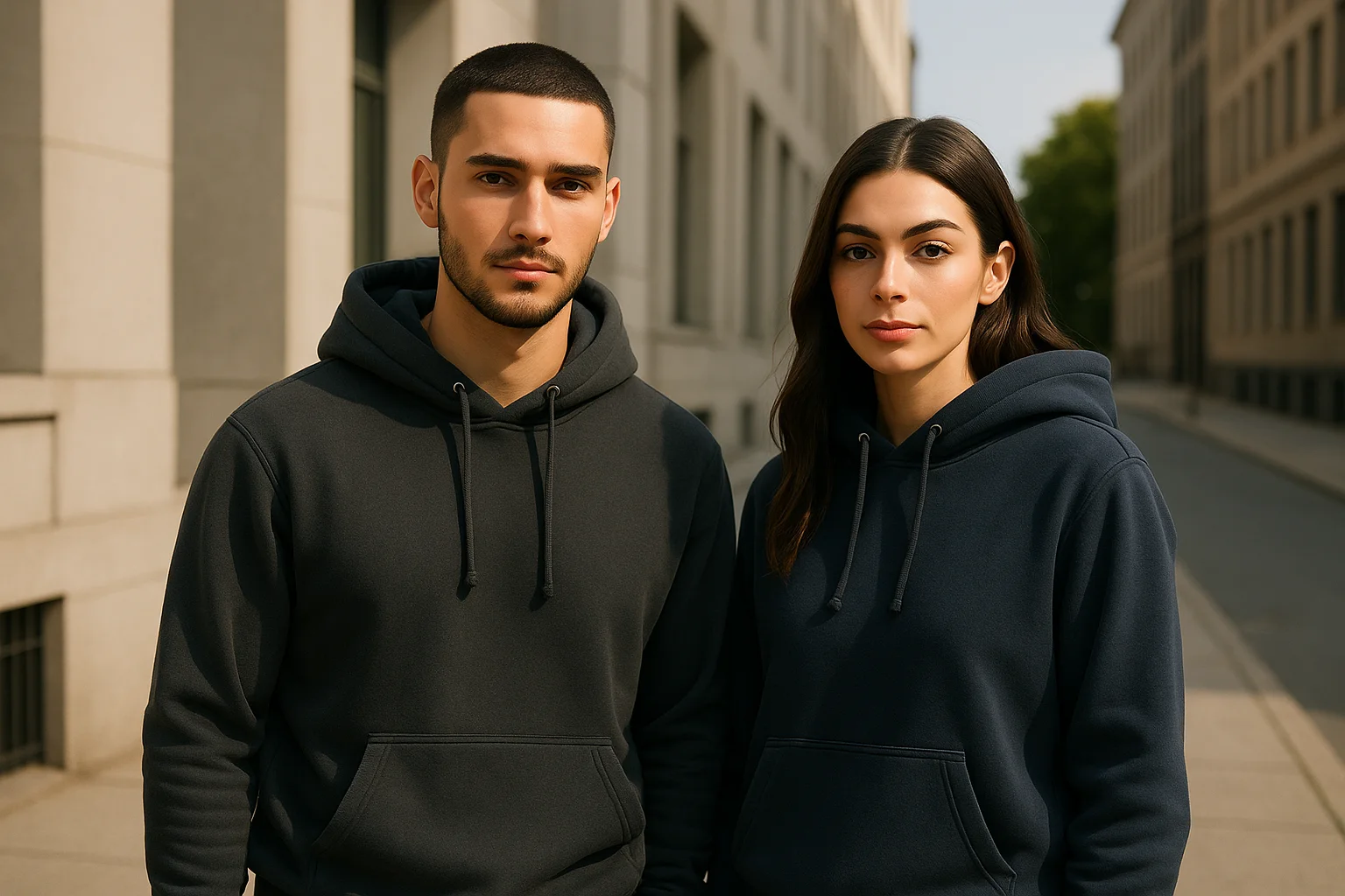 Оригинальные толстовки в повседневном образе Пара в оригинальных толстовках в городском стиле