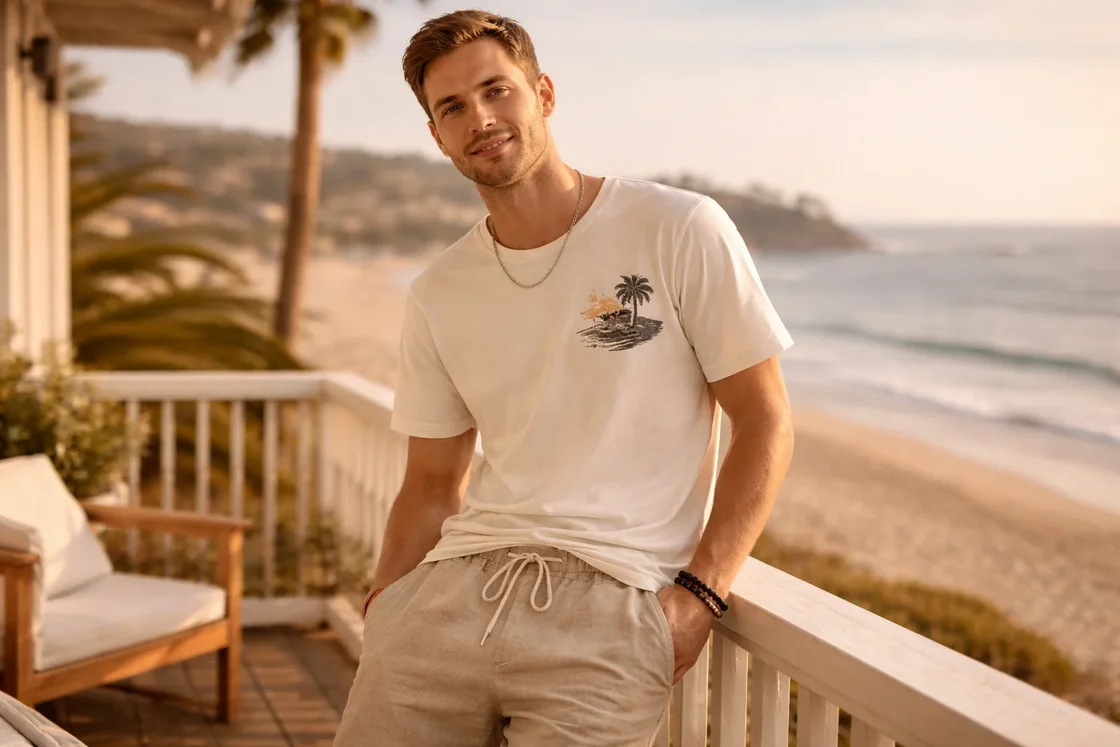 Мужские шорты: качественная база на лето Мужчина в качественных летних шортах в тёплом солнечном образе в стиле Hollister