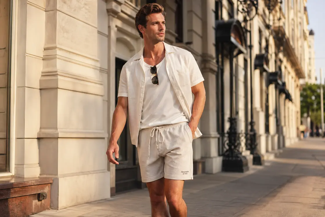 Мужчина в льняных шортах в летнем образе на улице