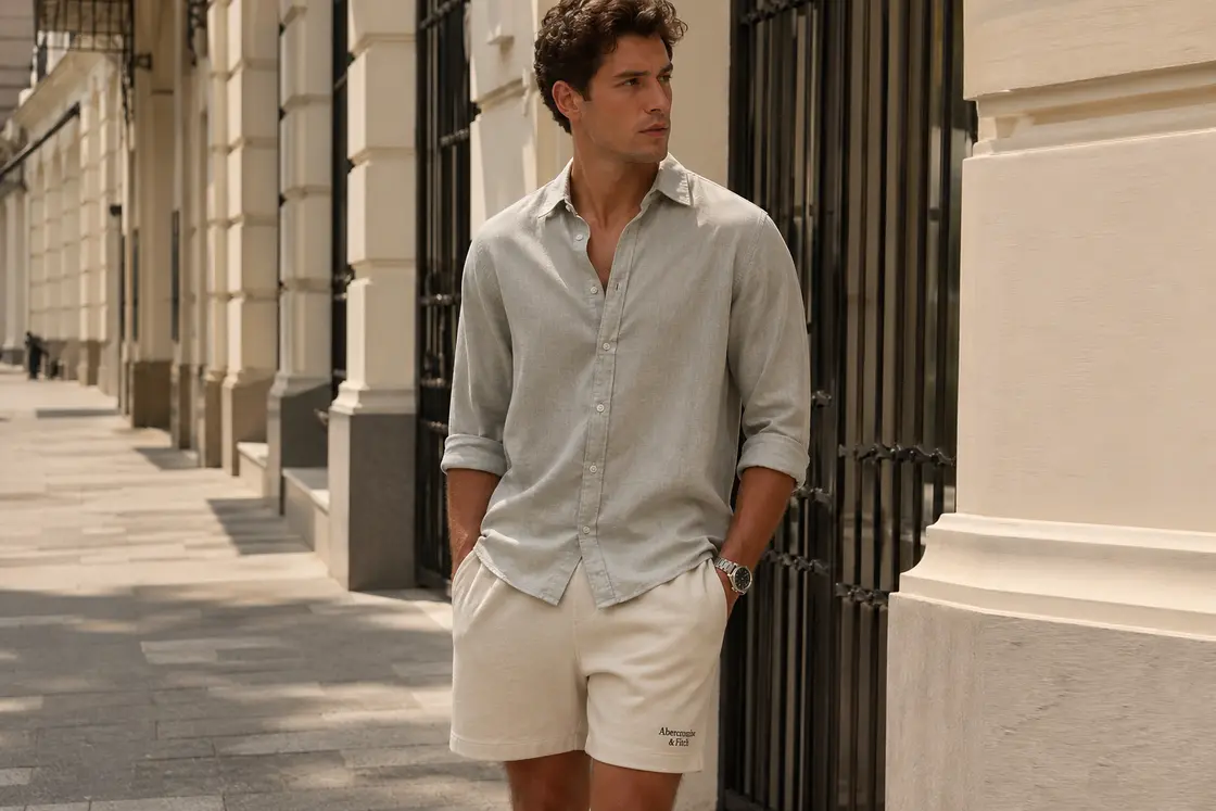 Льняные мужские шорты в летнем образе для города