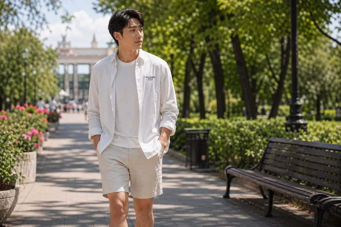 Посадка и длина льняных мужских шорт в летнем образе