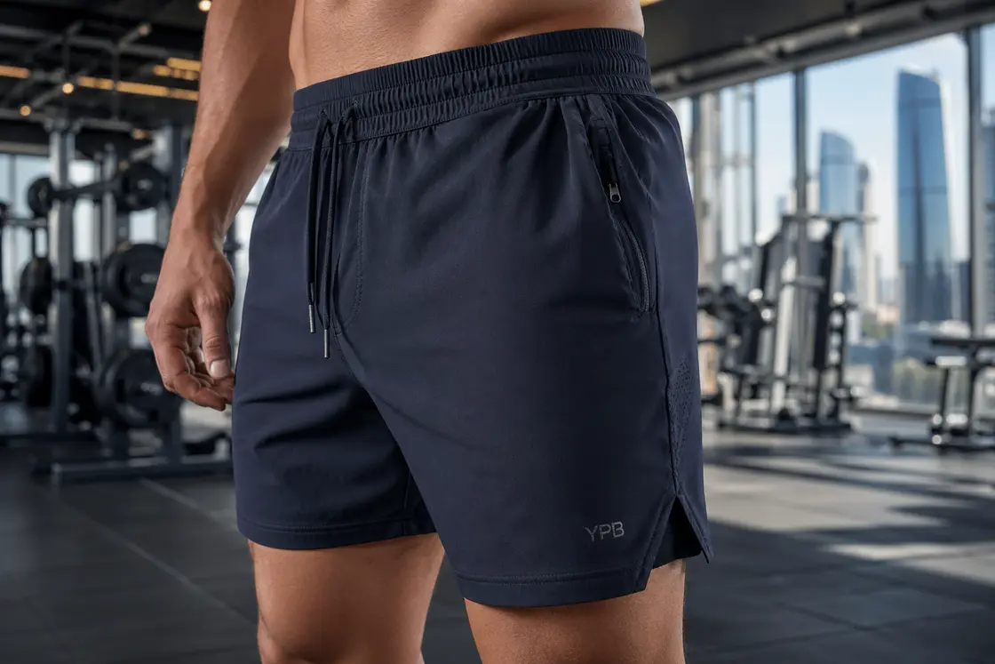 Ткань, пояс и детали мужских спортивных шорт для зала крупным планом