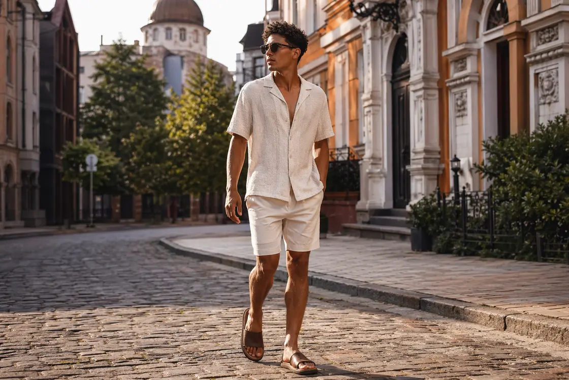 Ткань летних мужских шорт крупным планом: хлопок и лен