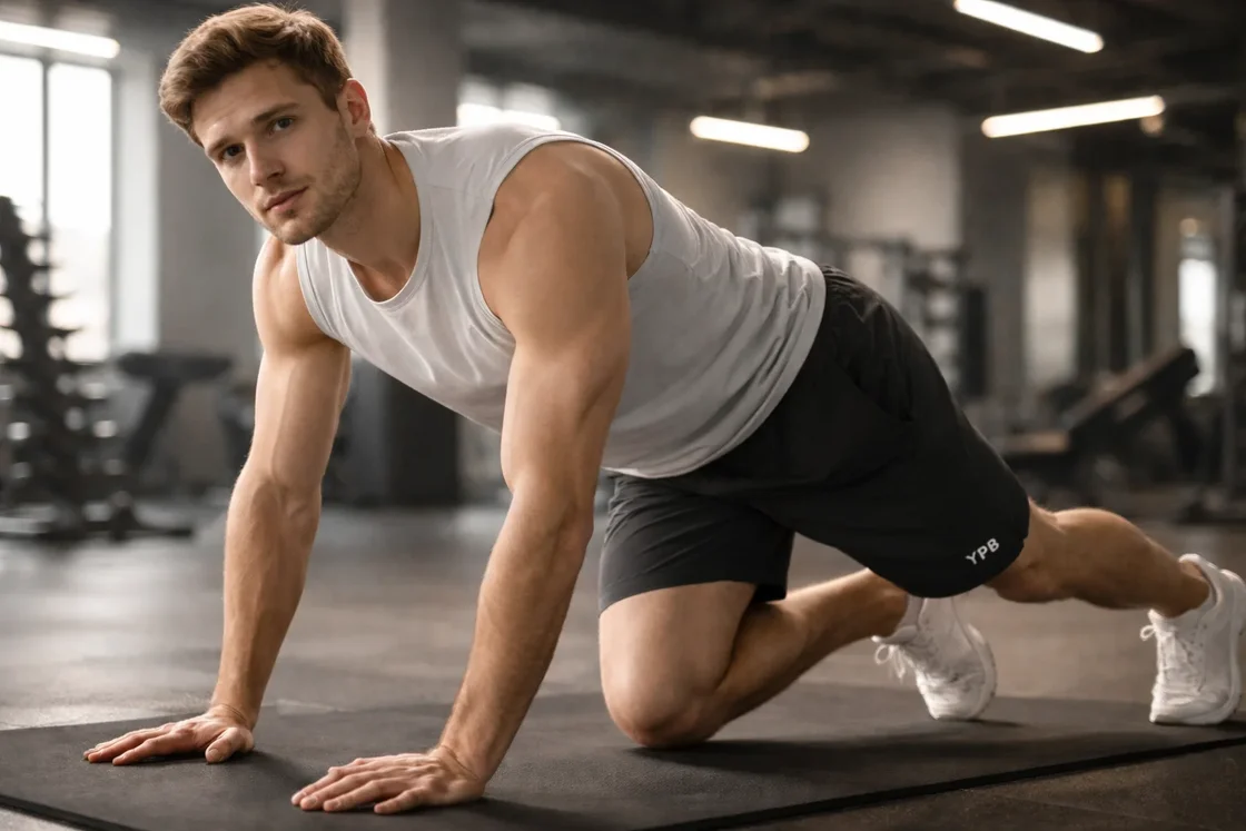 Мужчина в спортивных шортах YPB в зале: функциональная посадка и активная тренировка