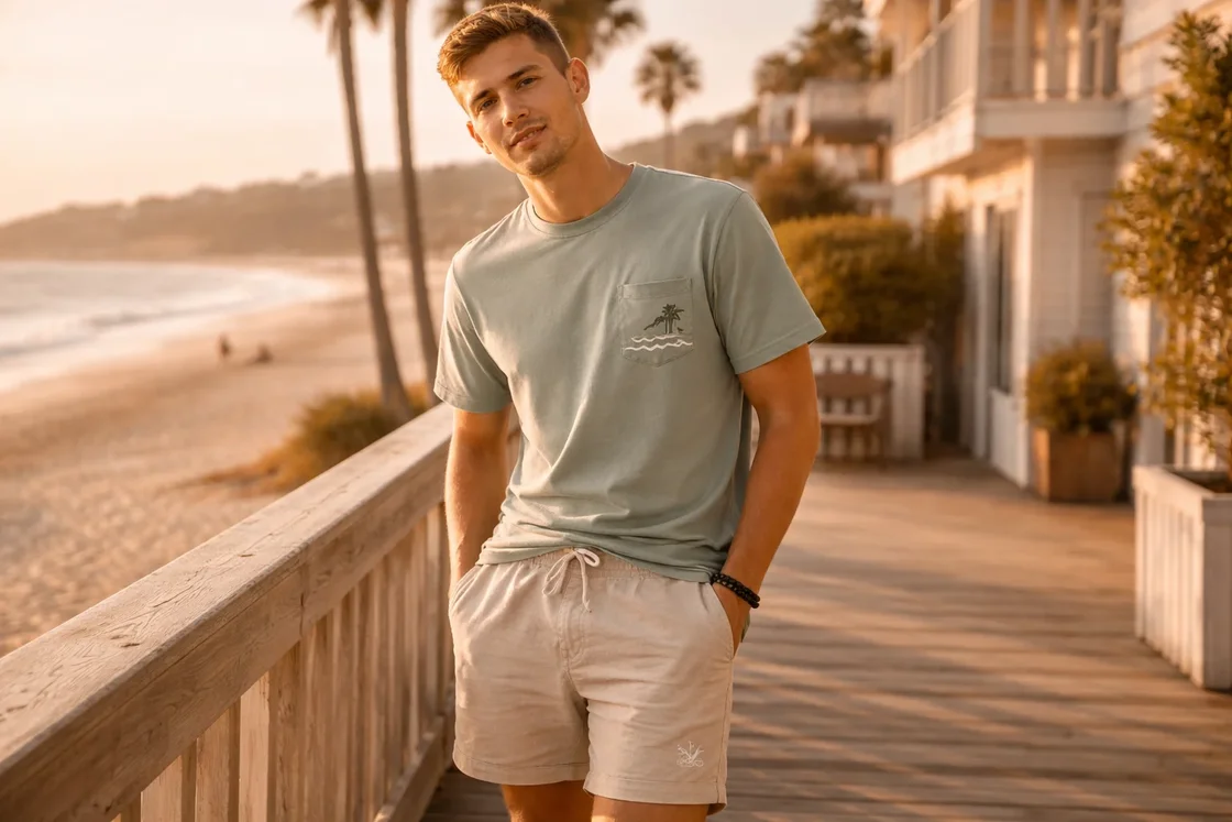 Летний образ с мужскими шортами в тёплом солнечном стиле Hollister у моря