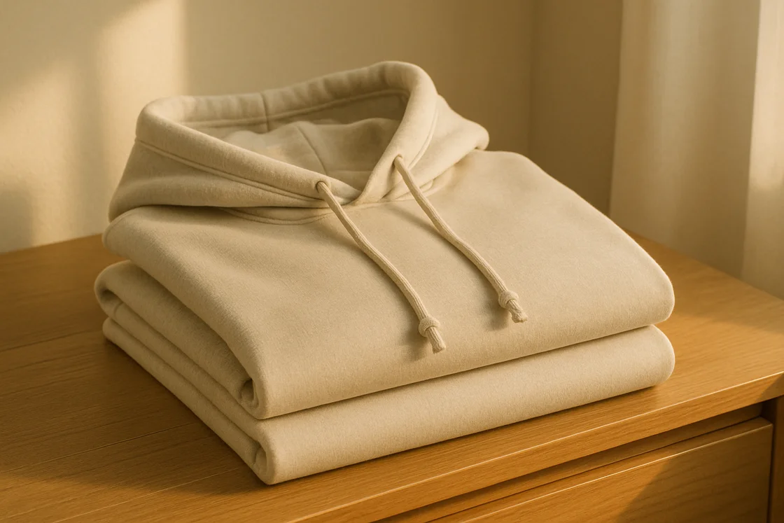 Аккуратно сложенная толстовка на полке в минималистичном интерьере