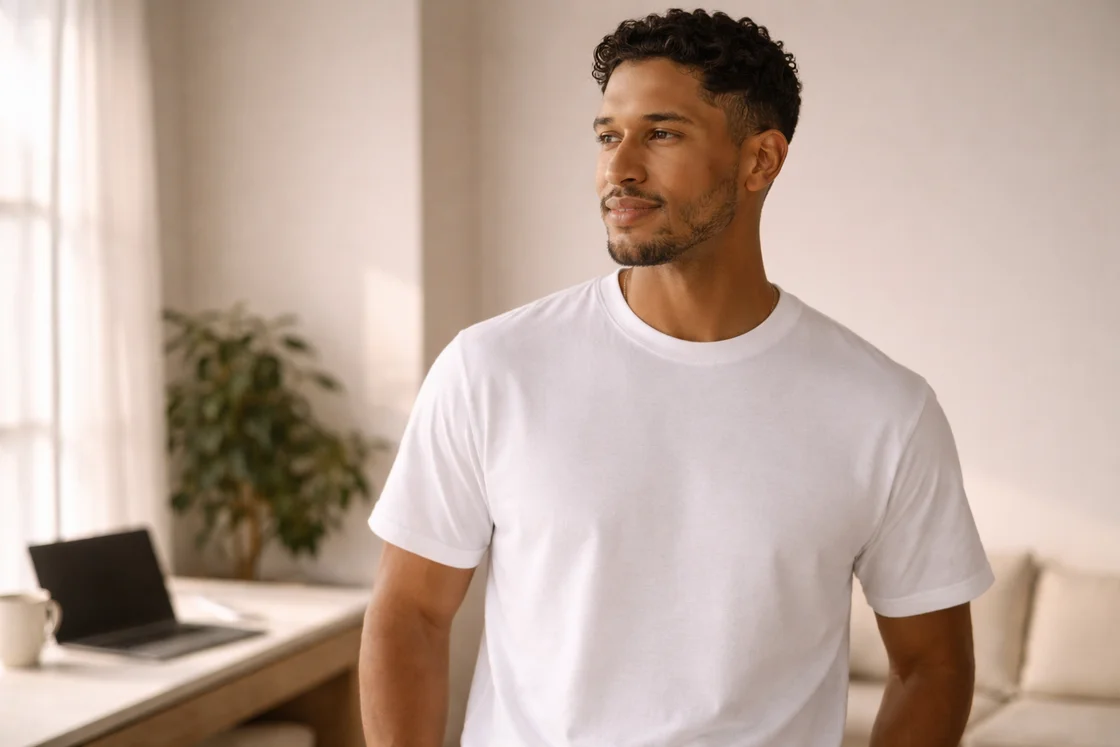 Белая базовая футболка в минималистичном образе: плотная ткань и аккуратная горловина