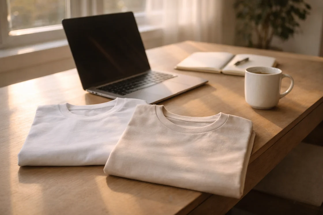 Уютная рабочая сцена: аккуратно сложенные однотонные футболки рядом с ноутбуком и чашкой кофе