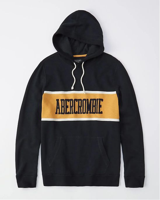 Moscow USA предлагает Вам купить мужскую толстовку с капюшоном Abercrombie Fitch темно-синего цвета с желтой полосой и нашитой надписью. Модель 04861. Доставка по России, Москве и области, самовывоз.