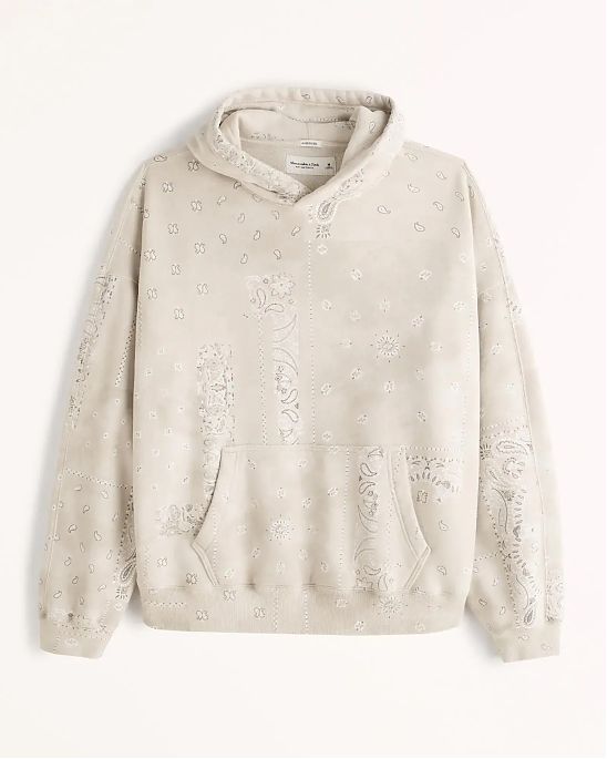 Moscow USA предлагает Вам купить мужскую толстовку с капюшоном Abercrombie Fitch Oversized бежевого цвета с орнаментом. Модель 06482. Доставка по России, Москве и области, самовывоз.