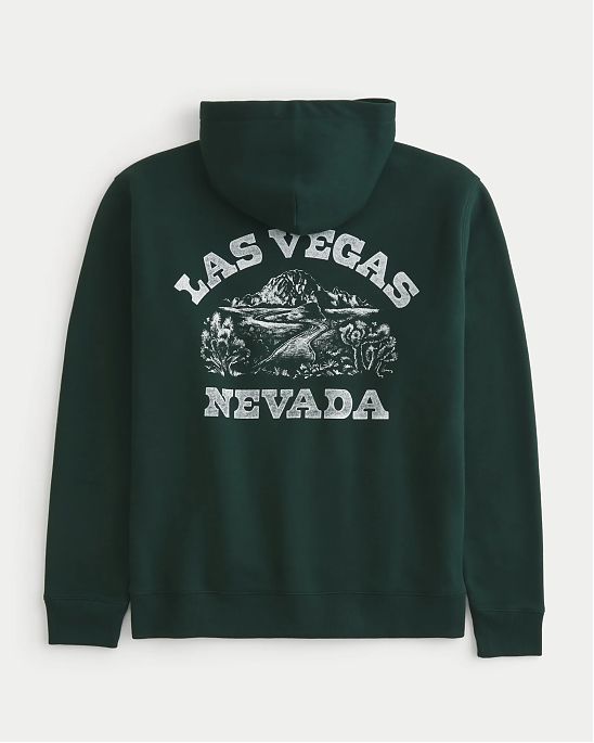 Moscow USA предлагает Вам купить мужскую утепленную толстовку с капюшоном Hollister темно-зеленого цвета с рисунком Las Vegas Necada. Модель 07281. Бесплатная доставка по России, Москве и области, самовывоз.