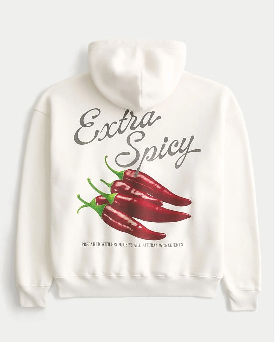 Мужская толстовка Hollister Boxy бежевого цвета с принтом чили перцев на груди и спине. Оригинальная модель, бесплатная доставка и примерка по России