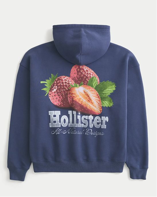 Мужская толстовка Hollister Boxy с синего цвета с принтом клубники на груди и спине. Оригинальная модель, бесплатная доставка и примерка по России