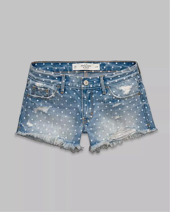 Женские джинсовые шорты Abercrombie & Fitch синего цвета с рваными элементами и маленькими белыми кружочками. Модель 00410. Подробное описание и цена товара. Доставка по России, Москве и Области от Moscow USA