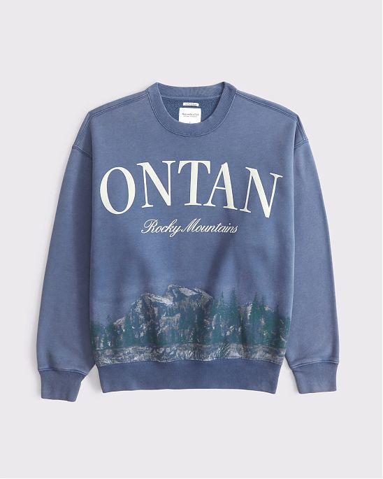 Женский плотный свитшот Abercrombie & Fitch Montana синего цвета с горным принтом на груди и рукавах. Оригинальная модель с бесплатной доставкой по России, Москве и Области.