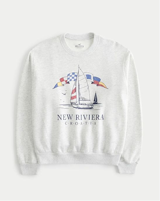 Женская толстовка без капюшона Hollister New Riviera Croatia серого цвета с графикой. Модель 07513. Бесплатная доставка по России, Москве и Области от Moscow USA