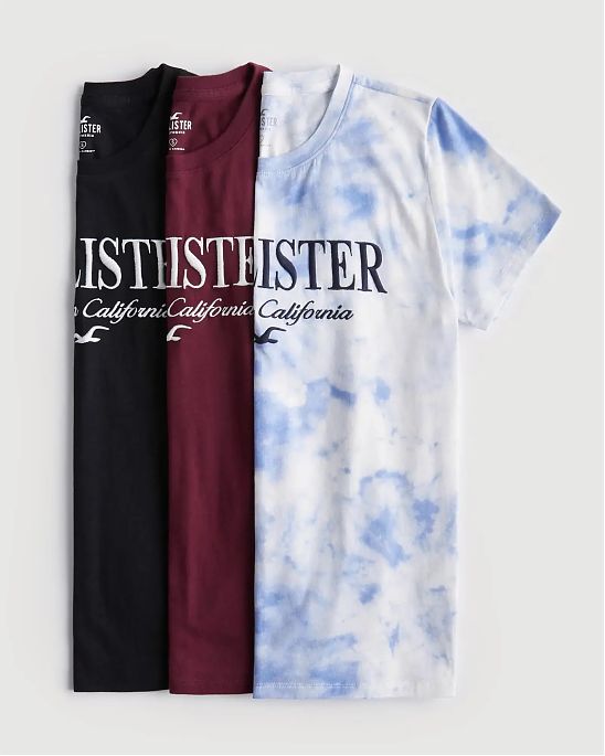 Набор из трех женских футболок Hollister черного, бордового и белого тай дай цветов с графическим логотипом. Модель 06918. Подробное описание и цена товара. Доставка по России, Москве и Области от Moscow USA