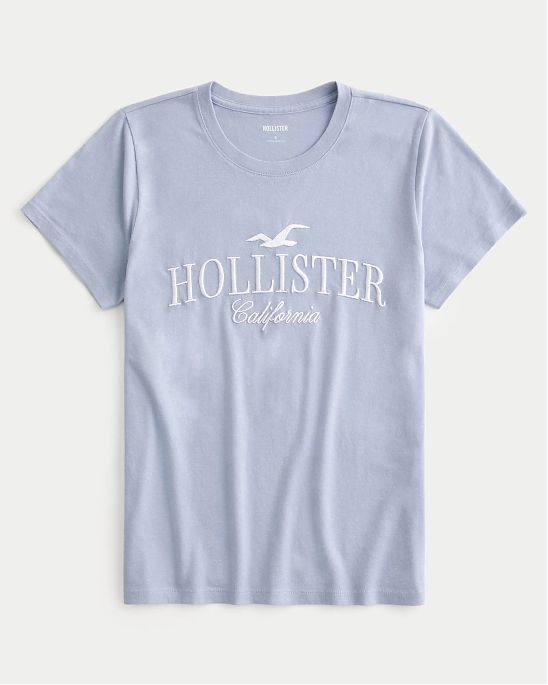 Женская футболка Hollister светло-синего цвета с нашитым логотипом в виде надписи. Модель 07643 . Подробное описание и цена товара. Бесплатная доставка по России, Москве и Области от Moscow USA