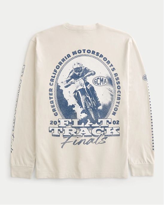 Moscow USA предлагает вам купить футболку с длинным рукавом Hollister California Motorsports бежевого цвета с логотипом на груди и спине. Модель 07562. Бесплатная доставка по России, Москве и области, самовывоз