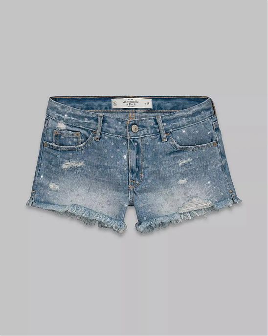 Женские джинсовые шорты Abercrombie & Fitch синего цвета c блестящими кружками. Модель 00425. Подробное описание и цена товара. Доставка по России, Москве и Области от Moscow USA