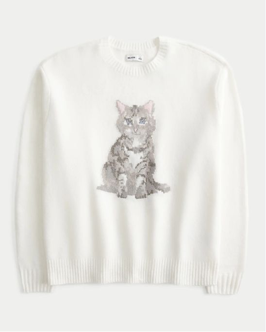 Женский свитер Hollister белого цвета графикой кошки. Модель 06694. Подробное описание и цена товара. Бесплатная доставка по России, Москве и Области от Moscow USA.