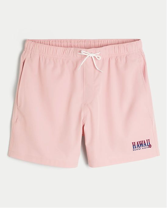 Moscow USA предлагает вам купить мужские плавательные шорты Hollister Hawaii розового цвета с нашитой графикой средней длины. Модель 07869 . Бесплатная доставка по России, Москве и области, самовывоз.