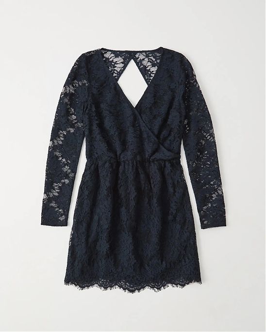 Женское платье Abercrombie Fitch темно-синего цвета, с рюшами, длинным рукавом и вырезом на спине. Модель 04297. Доставка по России, Москве и Области от Moscow USA