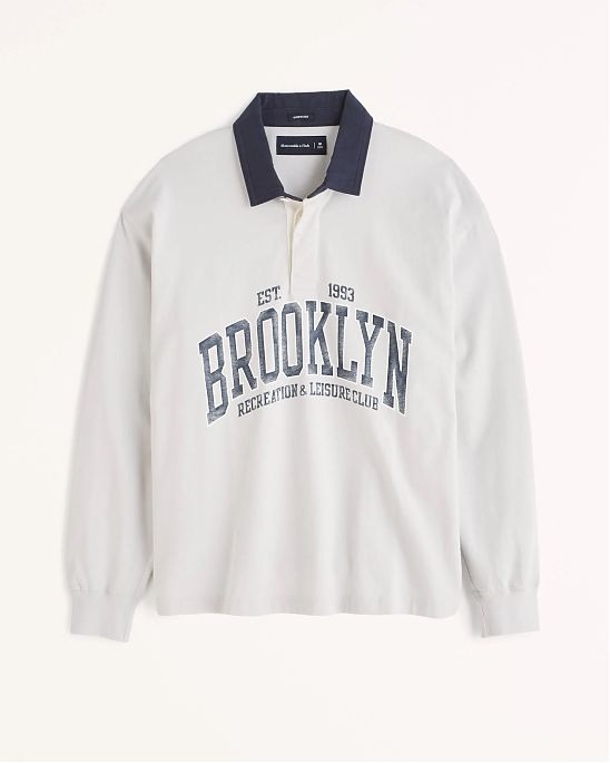 Moscow USA предлагает вам купить поло с длинным рукавом Abercrombie Fitch Oversized серого цвета с темно-синей надписью и воротом. Модель 06449. Доставка по России, Москве и области, самовывоз.