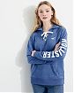 Женская толстовка синего цвета Hollister синего цвета с нашитой белой надписью на рукаве. Модель 04075. Подробное описание и цена товара. Доставка по России, Москве и Области от Moscow USA