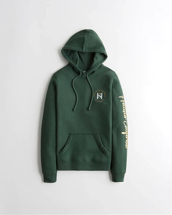 Женская толстовка с капюшоном Hollister зеленого цвета с фирменным золотым принтом на рукаве и груди. Модель 06033. Подробное описание и цена товара. Доставка по России, Москве и Области от Moscow USA