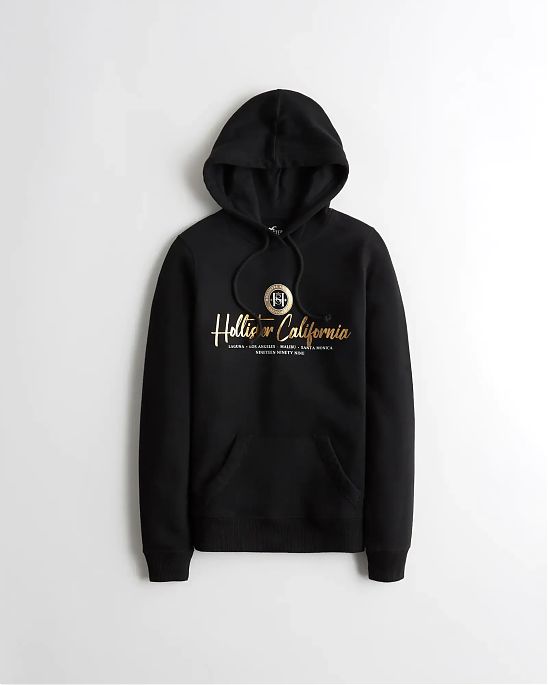 Женская толстовка с капюшоном Hollister черного цвета с фирменным золотым принтом на груди. Модель 06032. Подробное описание и цена товара. Доставка по России, Москве и Области от Moscow USA