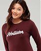 Женская футболка Hollister бордового цвета с нашитой белой надписью и лого чайки. Модель 04883. Доставка по России, Москве и Области от Moscow USA