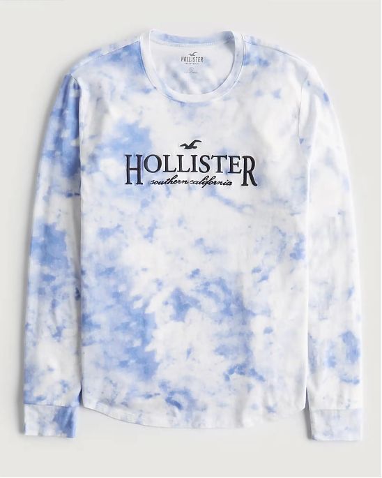 Женская футболка Hollister синего цвета с эффектом тай дай и нашитой черной надписью. Модель 06638. Доставка по России, Москве и Области от Moscow USA