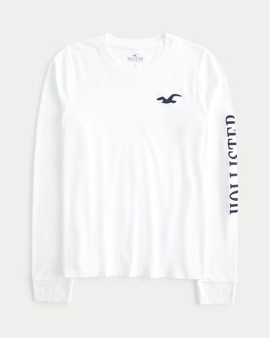 Женская футболка Hollister белого цвета с нашитой графикой и лого. Модель 07176. Бесплатная доставка по России, Москве и Области от Moscow USA